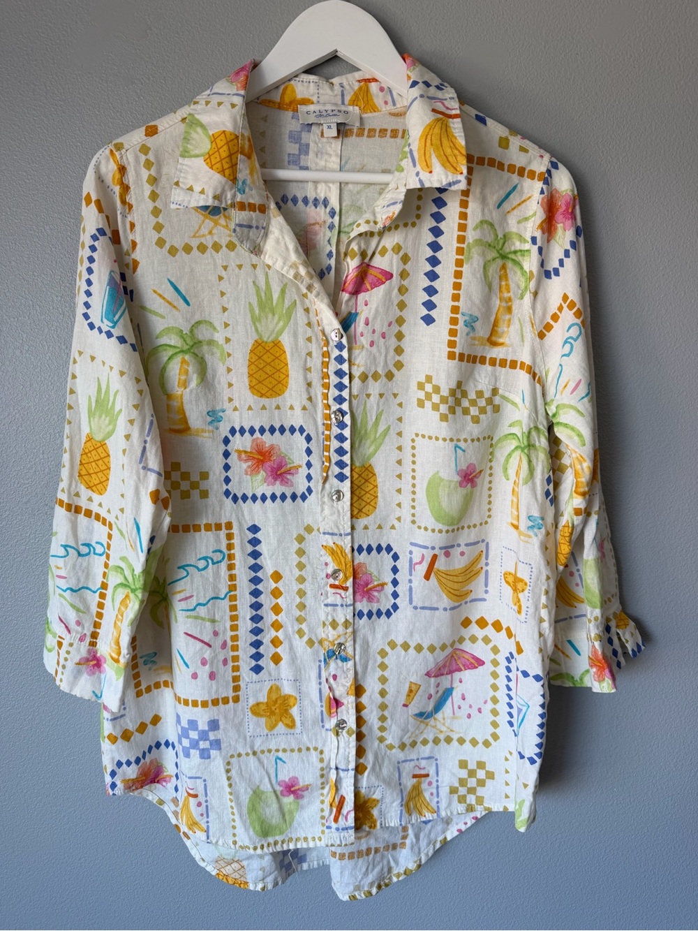 Calypso St. Barth white tropical print linen blend button down blouse Women’s XL